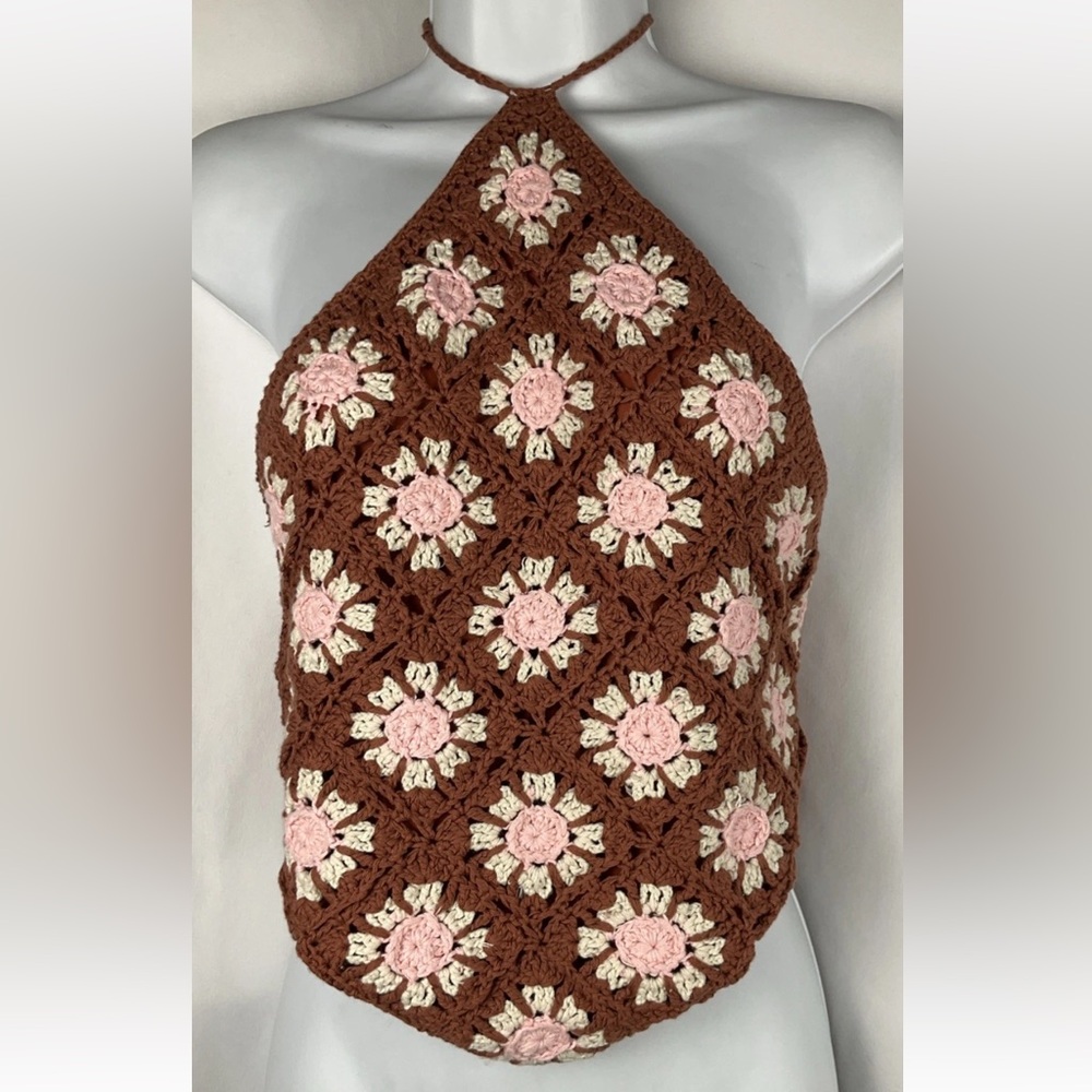 Pink Lily Women’s Size Small Granny Square Crocheted‎  Boho Halter  Top